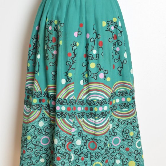 vintage 50s skirt green rayon full flock printed graphic high waisted volup L XL - Picture 9 of 10